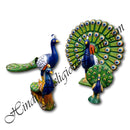 Two peacock figures made of fiber, one in a sitting pose and the other in a Display pose with green and blue colors.