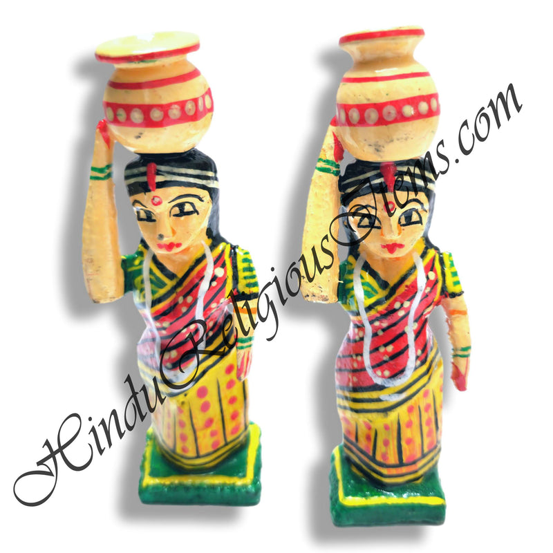 Hand Painted Wooden Gopi Statue With Matki