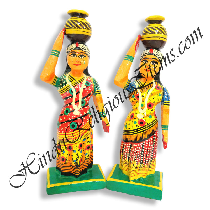 Hand Painted Wooden Gopi Statue With Matki