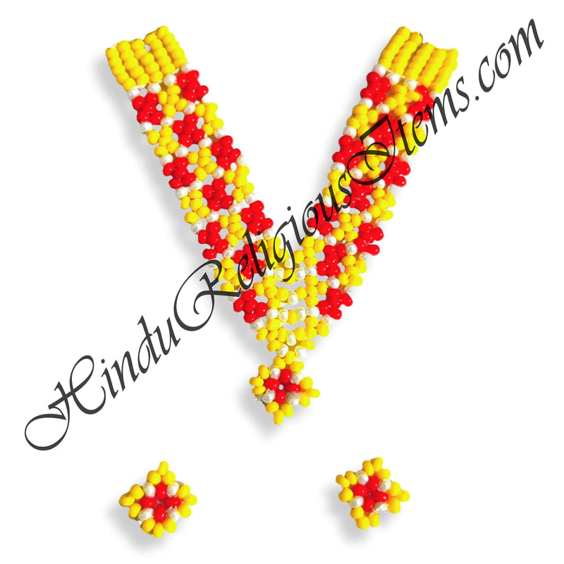 Premium Quality Multi-Colour Criss-Cross Design Moti Mala With Kundal Set