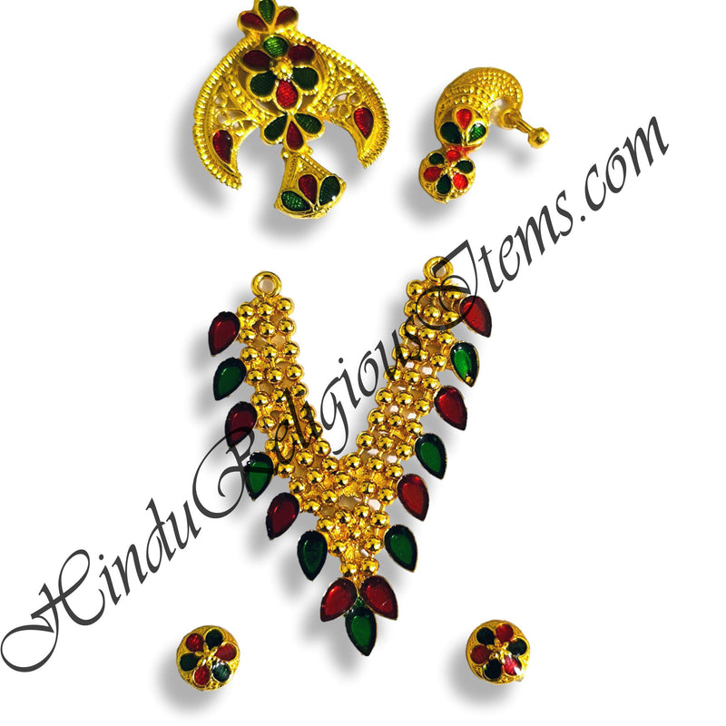 Premium Quality Golden Metal Chitraji Mala Set With Leaf Shape Pendant