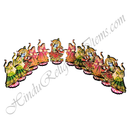 A decorative curved arrangement of multiple Hindu deity figures, likely representing Lord Krishna, shown in colorful traditional clothing on a plain white background with a large diagonal watermark reading HinduReligionsItems.com.