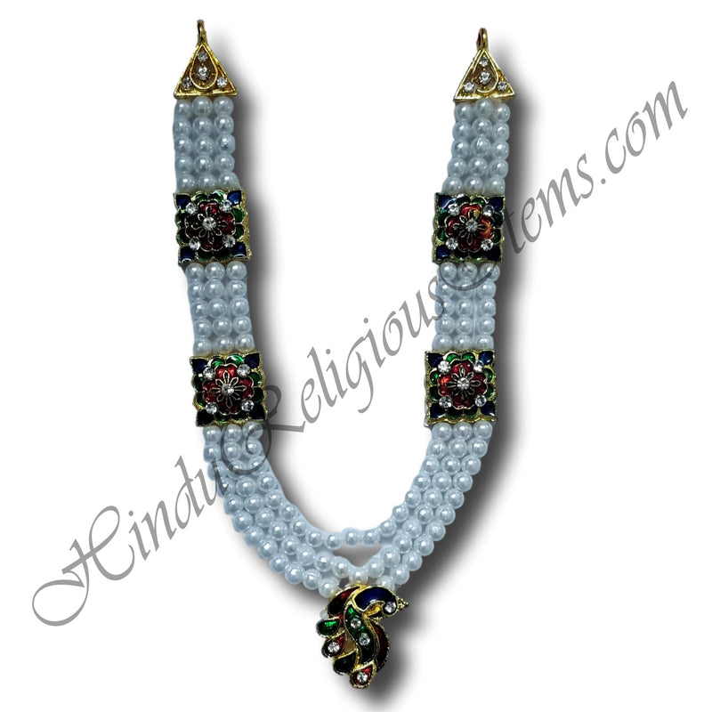 High Quality White Moti Gadi Mala (Haar) With Metal Meenakari Choki And Peacock Shape Padak (M-63)