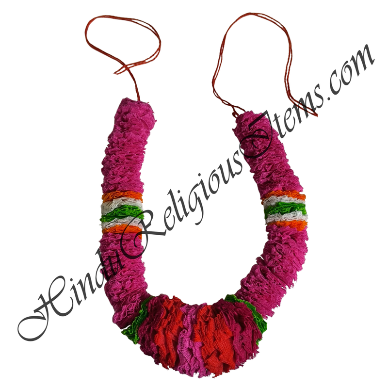 Colorful garland with pink base and multicolored strands on a white background, branded 'Hindu Religious Items'.com
