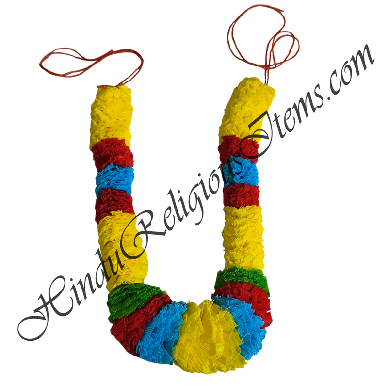 Colorful string necklace with red, yellow, blue, and green colors on a white background.