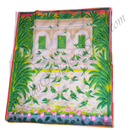 Decorative scarf with a tropical design featuring birds, plants, and flowers on a white background.