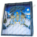 Decorative tapestry with a celestial scene featuring a central figure and attendants, set against a starry night sky.