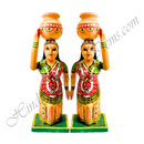 Hand Painted Wooden Gopi Statue With Matki