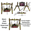 Decorative swing with colorful patterns and measurements on a white background