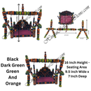 Decorative chair with colorful patterns and measurements on a white background