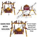 Decorative dark red and golden chair with measurements on a white background