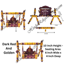 Decorative wooden swing with measurements and details on a white background