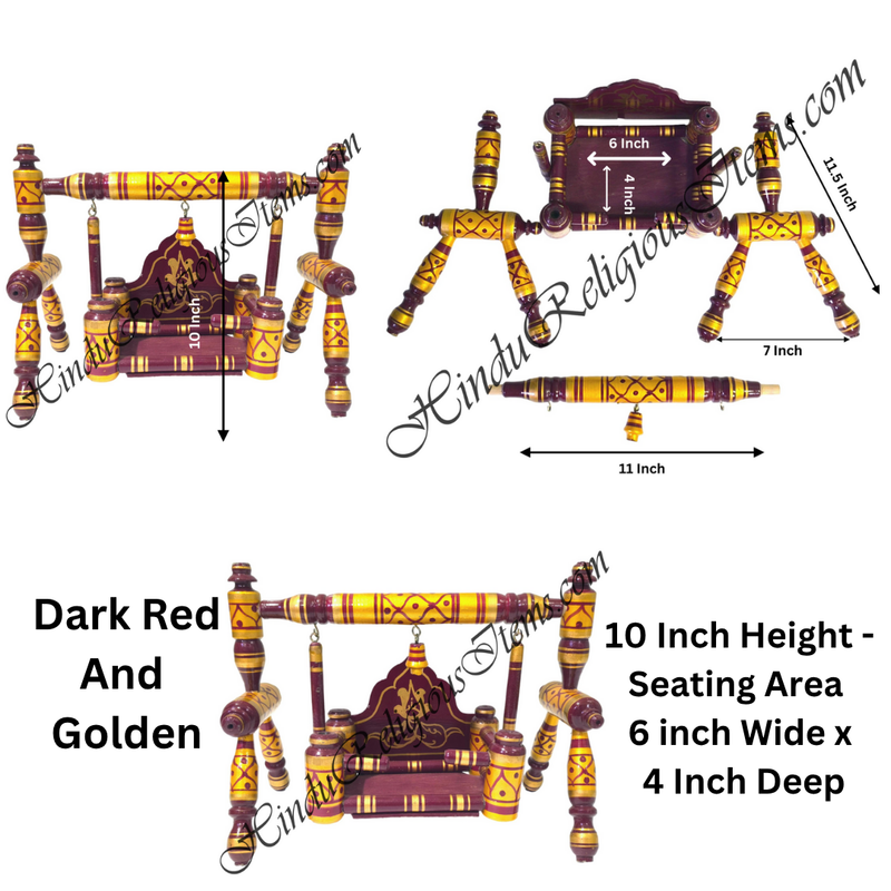 Decorative wooden swing with measurements and details on a white background