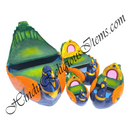 Colorful decorative items with intricate designs on a white background, branded 'Hindu Religious Items'.