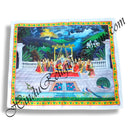 A satin printed pichwai (backdrop) featuring a depiction of a hindola (swing) ceremony with multiple characters in a garden setting, bordered with a blue pattern.