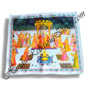A satin printed pichwai (backdrop) featuring a depiction of a hindola (swing) ceremony with multiple characters in a garden setting, bordered with a blue pattern.