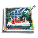 A satin printed pichwai (backdrop) featuring a depiction of a hindola (swing) ceremony with multiple characters in a garden setting, bordered with a blue pattern.