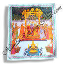 A satin printed pichwai (backdrop) featuring a depiction of a hindola (swing) ceremony with multiple characters in a garden setting, bordered with a blue pattern.
