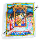 A satin printed pichwai (backdrop) featuring a depiction of a hindola (swing) ceremony with multiple characters in a garden setting, bordered with a blue pattern.