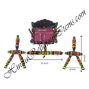 Decorative photo frame with colorful stand and measurements on a white background