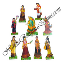 Colorful figurines of traditional dancers on a white background with 'Hindustan Gifts & Items' branding.
