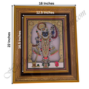 Framed artwork of a deity with dimensions indicated on a white background