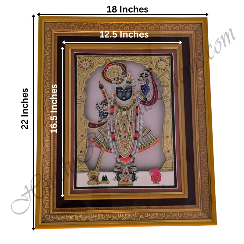 Framed artwork of a deity with dimensions indicated on a white background