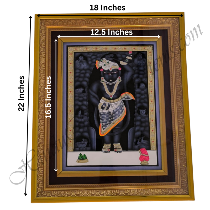 Framed artwork of a deity with dimensions indicated