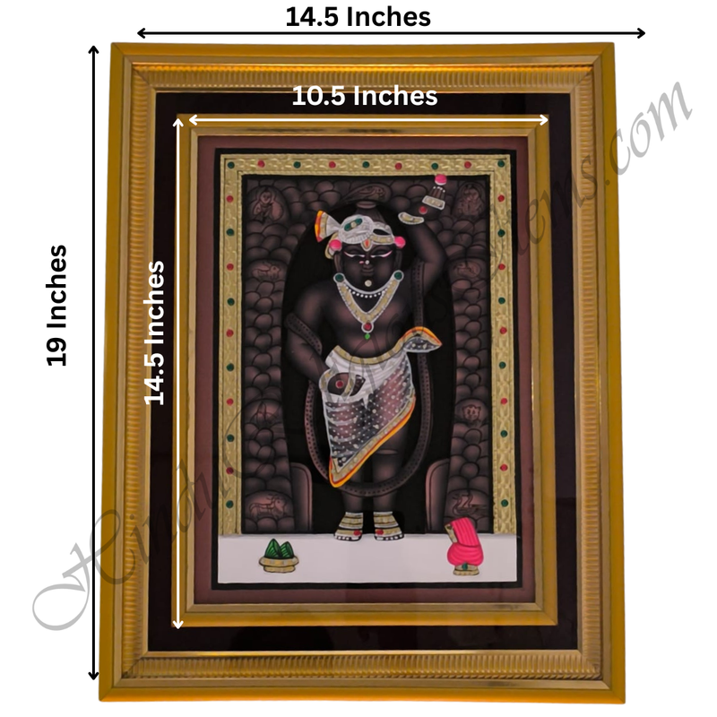 Framed artwork of a deity with dimensions indicated on a white background
