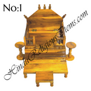 A wooden sinhasan and Khandpath and Choki set, with intricate carvings and a glossy finish, typically used for home seva purposes.