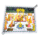 A satin printed pichwai (backdrop) featuring a depiction of a hindola (swing) ceremony with multiple characters in a garden setting, bordered with a blue pattern.