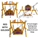 Decorative swing with gold and red accents, labeled with dimensions and brand name.