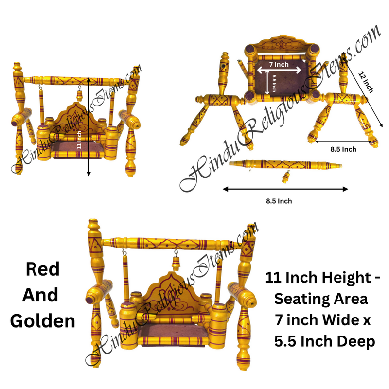 Wooden swing with measurements and details on a white background