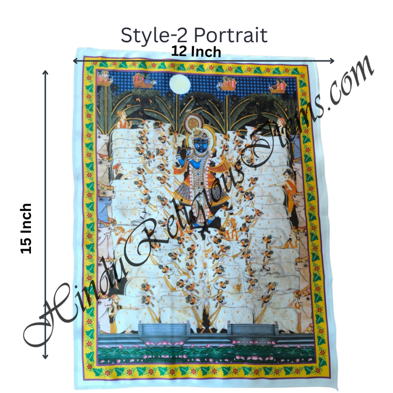 Premium Satin Printed Pichwai (Backdrop) - Shreenathji With Cow