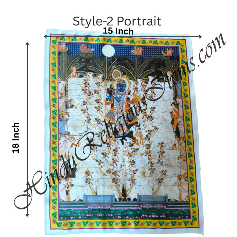 Premium Satin Printed Pichwai (Backdrop) - Shreenathji With Cow