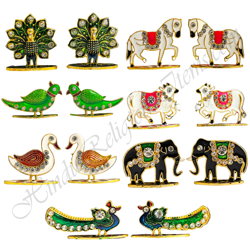 White Metal Meenakari With Nang(Daimond) 2D Khilona (Animal toys)(Set of 7)