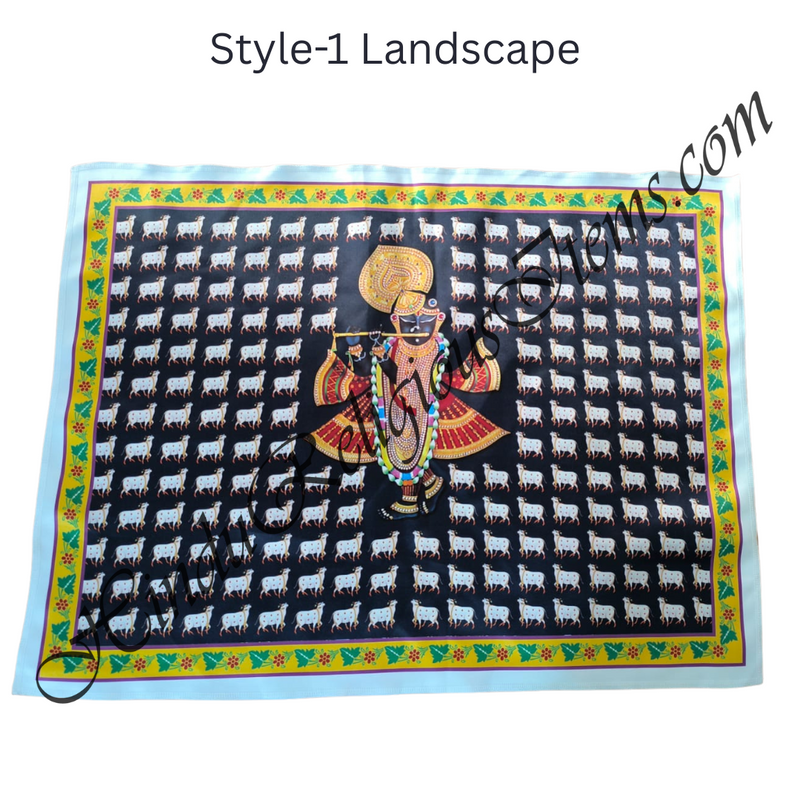 Premium Satin Printed Pichwai (Backdrop) - Shreenathji With Cow