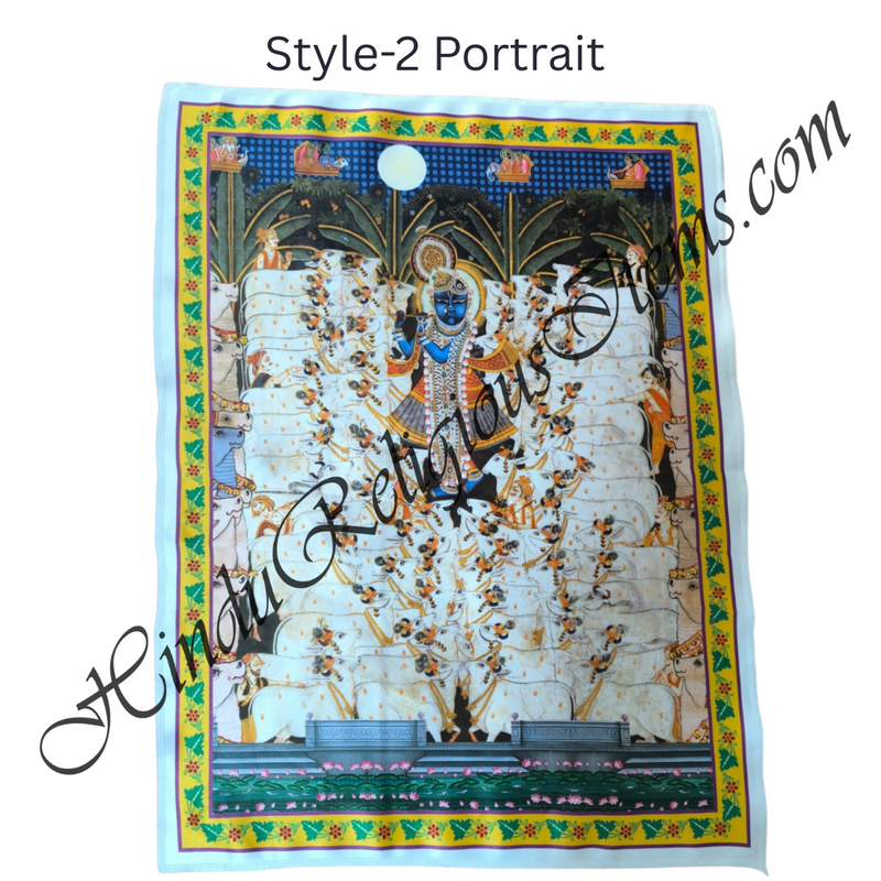 Premium Satin Printed Pichwai (Backdrop) - Shreenathji With Cow
