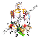 A set of fiber statues depicting horses and a calf, primarily in white with colorful accents, including red, gold, and green.