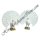 Two white peacocks with open tails on a white background, featuring 'Hindu Religious Items.com' text.