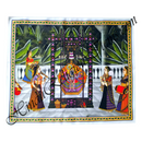 Decorative painting of a temple scene with people in traditional attire, framed by greenery.
