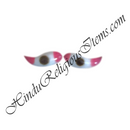 Pair of red and white earrings with brown center on a white background, branded 'Hindu Religious Items.com'.