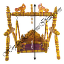 Decorative wooden swing with intricate designs and a measurement label on a white background.