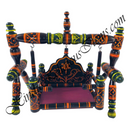 Decorative chair with colorful patterns and a purple cushion on a white background