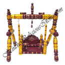 Decorative wooden swing with maroon and yellow colors on a white background