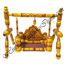 Decorative wooden swing with yellow and purple patterns on a white background.