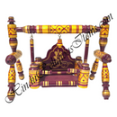 Decorative wooden swing with purple and yellow patterns on a white background
