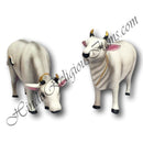 A pair of fiber statues depicting plain color cows with decorative patterns and ornaments.